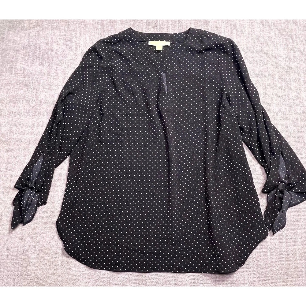 Michael Kors Blouse Top Women's Large Black Polka Dot Keyhole Tie Sleeve Chic